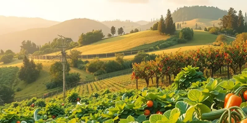A sunlit landscape showing a variety of ripe fruits and vegetables in a flourishing field.