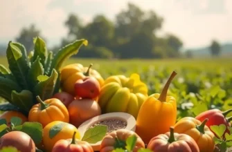 A sunlit orchard brimming with fresh produce in a serene, natural landscape.