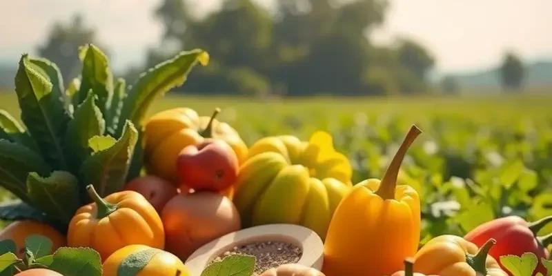 A sunlit orchard brimming with fresh produce in a serene, natural landscape.