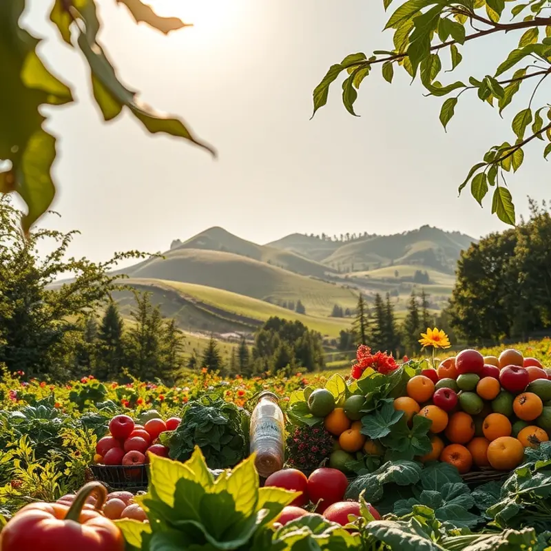 A sunlit orchard showcasing vibrant fruits and vegetables.