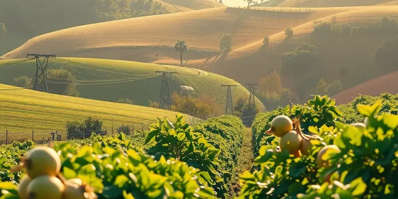 A vibrant landscape of abundant fruits and vegetables in a sunlit field.