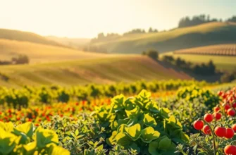 A tranquil natural landscape filled with fresh fruits and vegetables under glowing sunlight.