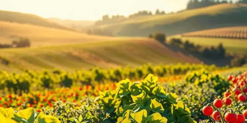 A tranquil natural landscape filled with fresh fruits and vegetables under glowing sunlight.