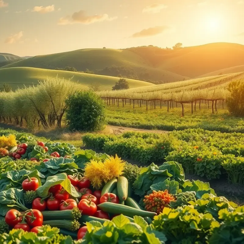 A sunlit orchard showcasing organic fruits and vegetables, symbolizing freshness and nutrition.