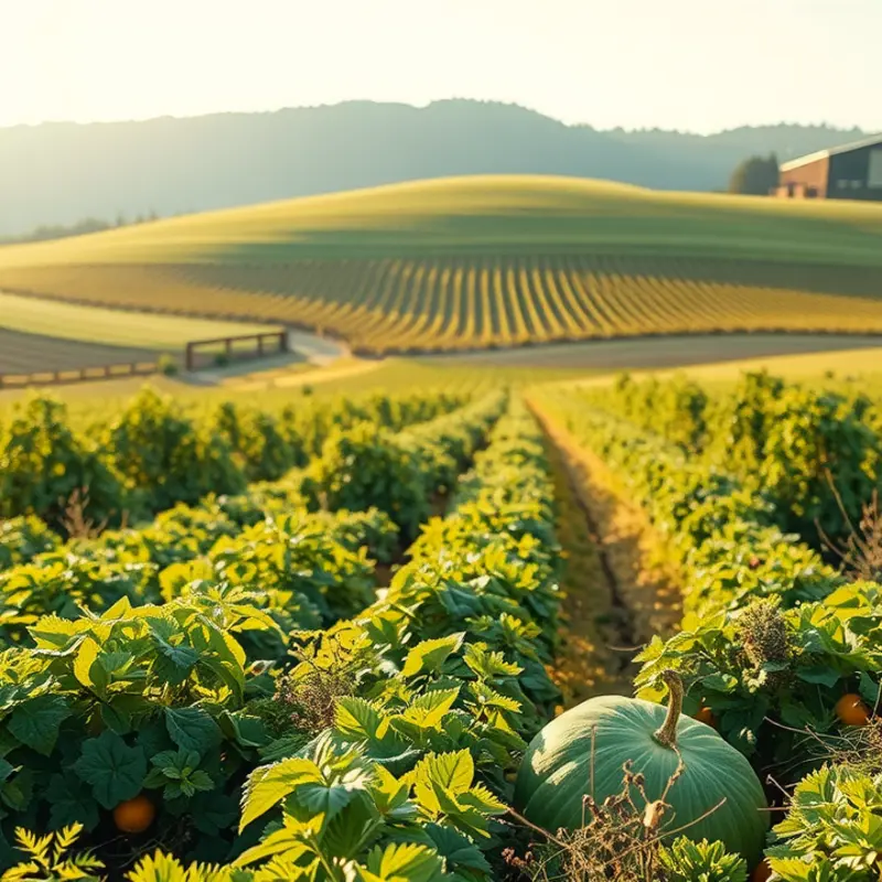 A vibrant orchard showcasing an abundance of organic fruits and vegetables under soft, natural lighting.