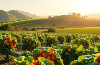 A scenic view of fresh organic vegetables and fruits on a sunny day.