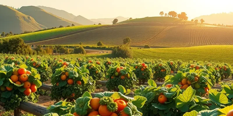 A scenic view of fresh organic vegetables and fruits on a sunny day.