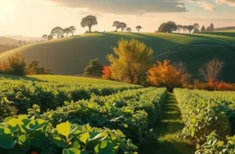 A picturesque scene of an orchard with a variety of fresh fruits and vegetables, representing healthy eating and storage.