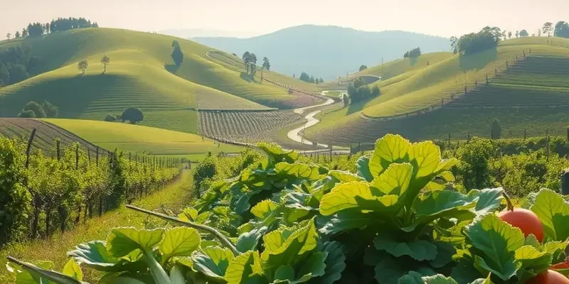 Nature-inspired landscape featuring an array of organic vegetables and fruits growing under warm sunlight.