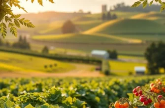 A lush landscape filled with vibrant organic fruits and vegetables growing in a sunlit field.