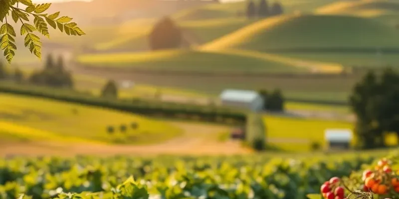 A lush landscape filled with vibrant organic fruits and vegetables growing in a sunlit field.