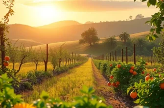 A tranquil landscape scene basking in sunlight with a variety of fresh vegetables in a lush, natural setting.