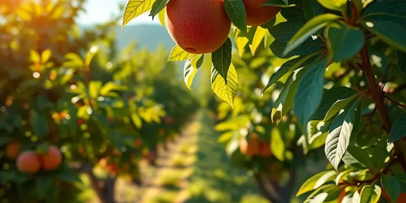 A picturesque view of an orchard laden with fresh fruits and lush greenery.