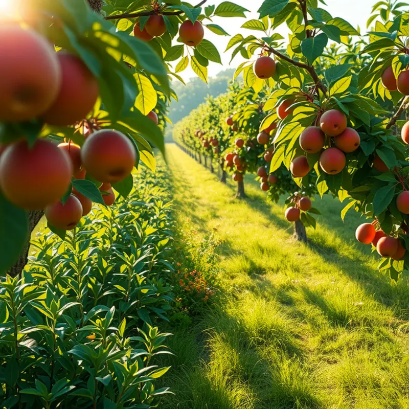 A healthy orchard filled with vibrant fruits basking in gentle sunlight.