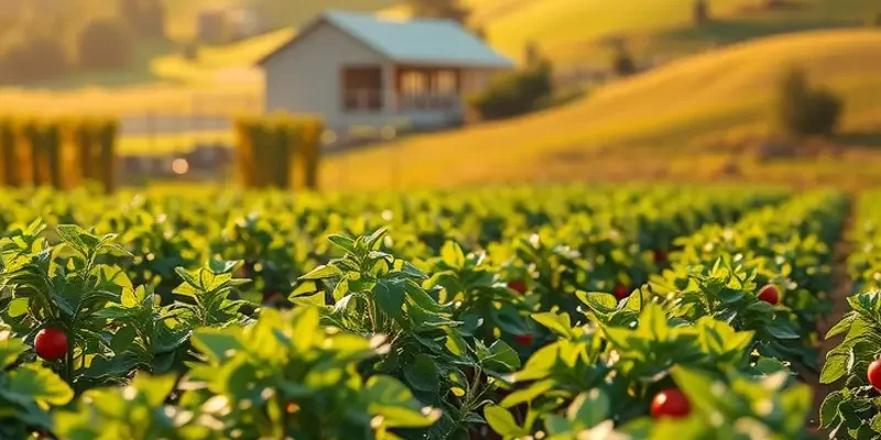 Photorealistic landscape of a lush sunlit field showcasing organic produce representing cultural richness.