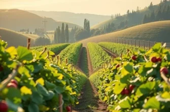 An illuminated field of fruits and vegetables surrounded by green hills, showcasing the richness of nature.
