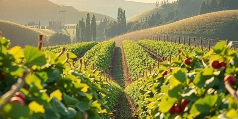 An illuminated field of fruits and vegetables surrounded by green hills, showcasing the richness of nature.