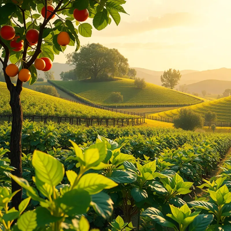 A vibrant sunlit field with a variety of organic vegetables and fruits.