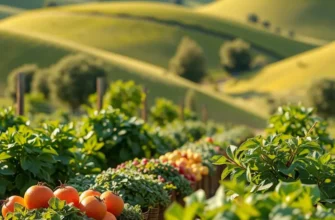 A scenic view of a sunlit field showcasing an array of fresh vegetables and fruits, highlighting healthy eating.