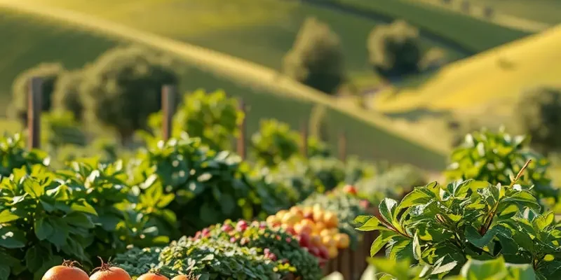 A scenic view of a sunlit field showcasing an array of fresh vegetables and fruits, highlighting healthy eating.