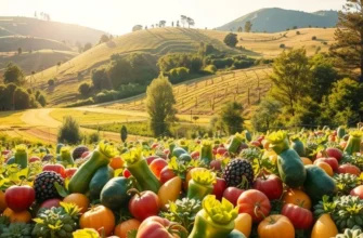 A lush landscape depicting a vibrant orchard filled with organic fruits and vegetables.