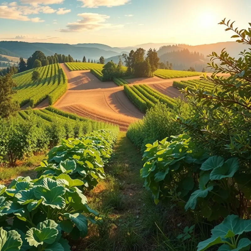 A sunlit field filled with fresh vegetables and fruits symbolizing healthy eating.