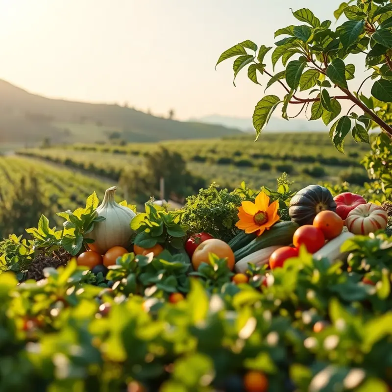 A sunny field flourishing with healthy fruits and vegetables, symbolizing the importance of nutrition.