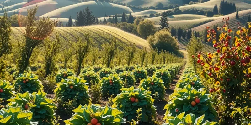 A scenic view of a sunlit field with an abundance of fresh produce.