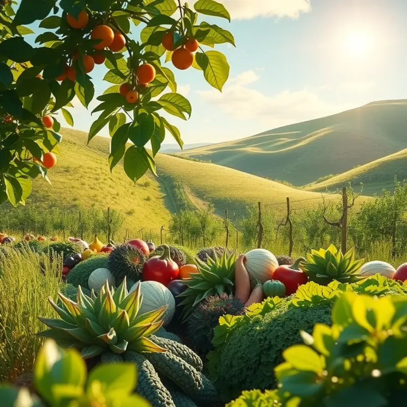 Vibrant fruits and vegetables growing under warm sunlight, symbolizing the importance of nutrition.