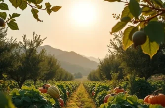 A scenic view of a sunlit orchard filled with organic fruits and vegetables in a natural setting.