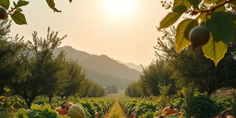 A scenic view of a sunlit orchard filled with organic fruits and vegetables in a natural setting.