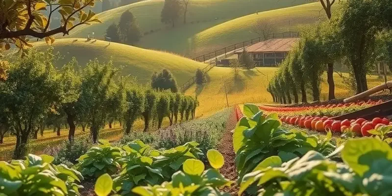 A stunning landscape featuring healthy fruits and vegetables growing amid lush greenery, representing the essence of nutritious eating.