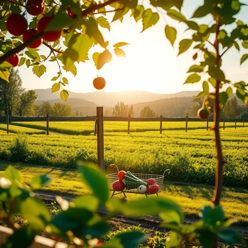 A sunlit landscape showcasing vibrant fruits and vegetables in their natural setting.