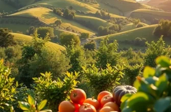 A natural landscape filled with healthy vegetables and fruits, idealizing the connection between nature and wholesome nutrition.
