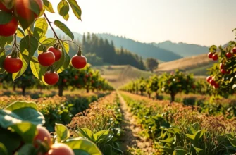A beautiful sunlit landscape showcasing an abundance of fruits and vegetables symbolizing healthy nutrition.