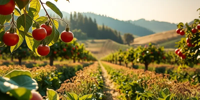 A beautiful sunlit landscape showcasing an abundance of fruits and vegetables symbolizing healthy nutrition.
