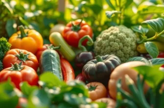 A peaceful landscape showcasing vibrant fruits and vegetables growing naturally in a lush, green environment.