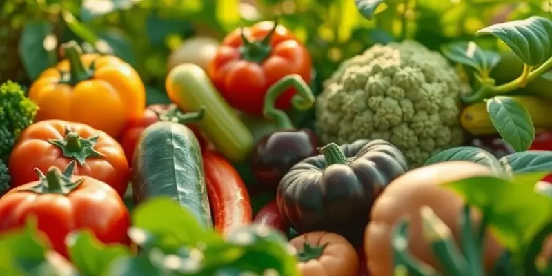 A peaceful landscape showcasing vibrant fruits and vegetables growing naturally in a lush, green environment.