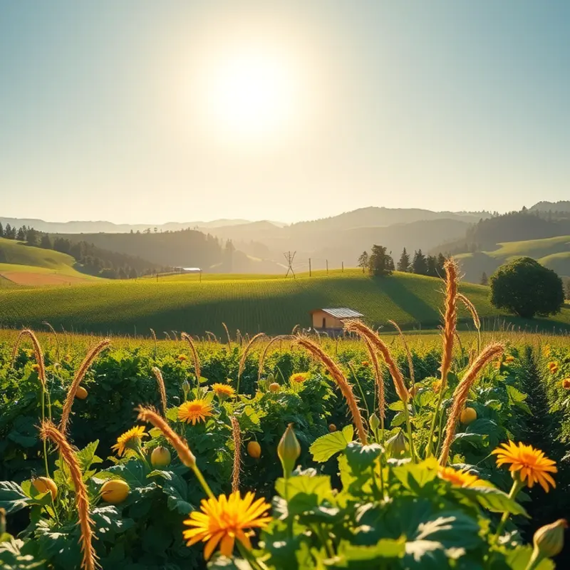 A sunlit field showcasing vibrant fruits and vegetables, representing healthy nutrition.