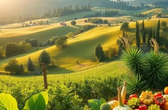 A serene landscape with lush trees and healthy produce representing nutrition.