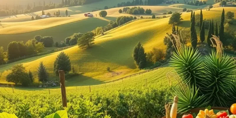 A serene landscape with lush trees and healthy produce representing nutrition.