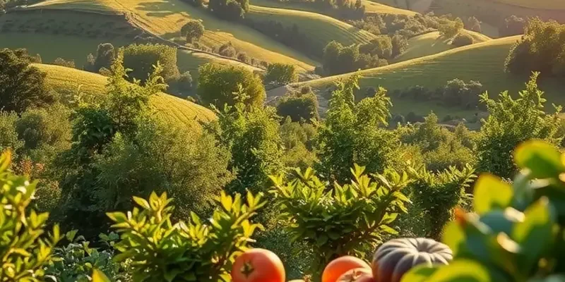 A natural landscape filled with healthy vegetables and fruits, idealizing the connection between nature and wholesome nutrition.
