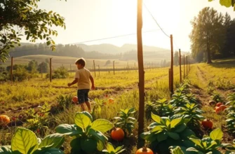 A stunning field showcasing fresh organic vegetables and fruits under warm lighting.