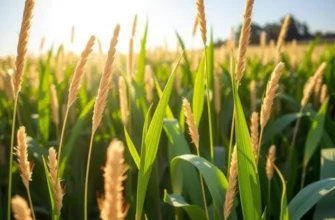 A sunlit field with various healthy vegetables and grains growing.