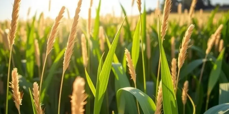 A sunlit field with various healthy vegetables and grains growing.