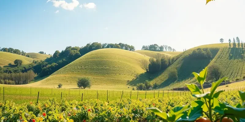 A picturesque landscape of an orchard filled with vibrant fruits and vegetables, symbolizing healthy eating.