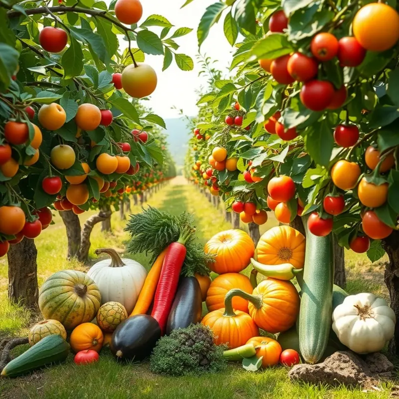A vibrant farm scene representing the core foods of the Mediterranean diet.