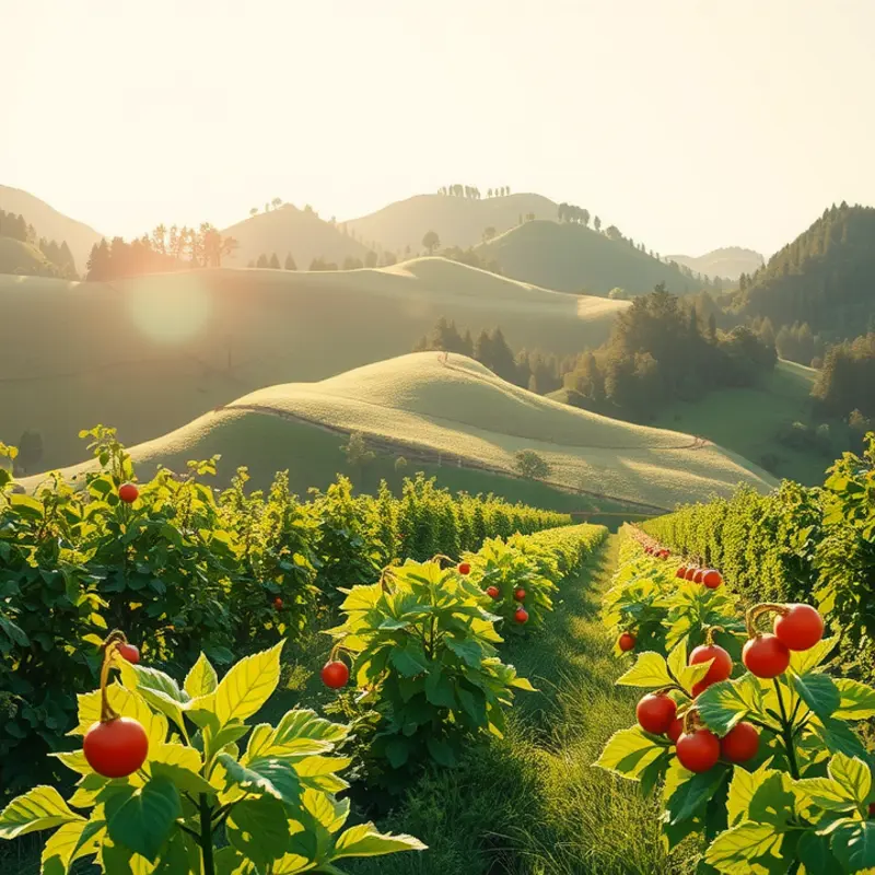 A serene landscape showcasing vibrant fruits and vegetables growing in nature.