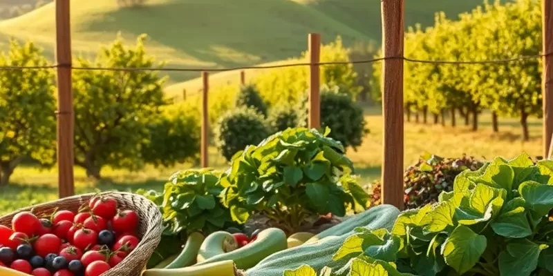 A tranquil field showcasing vibrant vegetables and fruits, emphasizing the importance of hydration.