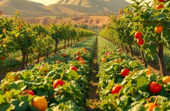 A beautiful landscape featuring a sunlit field filled with healthy fruits and vegetables, illustrating the theme of hydration and nutrition.